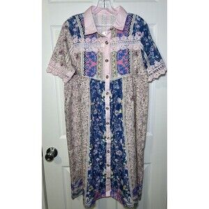 Women’s Quilted Print Floral And Lace Short Sleeve Button Up Dress Size Large